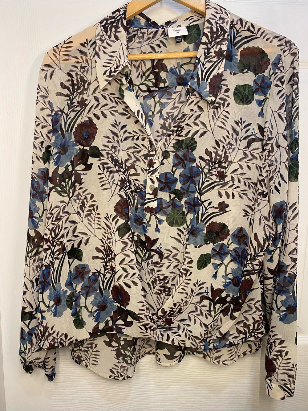 CAbi XL Cream Button-Down Floral Blouse with Blue and Brown Print